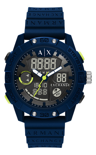 Reloj Hombre Armani Exchange Ax2962 D-bolt Correa Y Bisel Color Azul Fondo Gris
