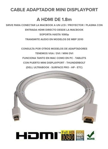 Imagen 6 de 10 de Mini Displayport / Thunderbolt A Hdmi De 1.8 Metros