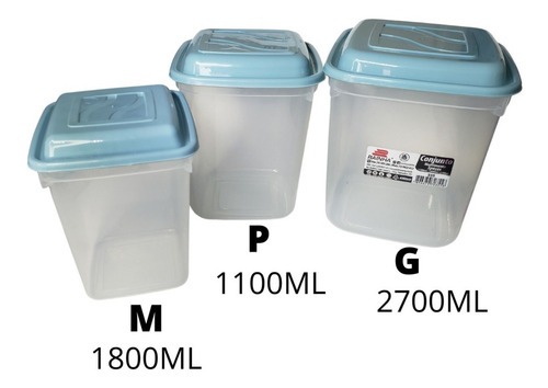 Imagem 2 de 7 de Potes Para Mantimentos Kit 3 Peças Transparente Com Tampa Nf
