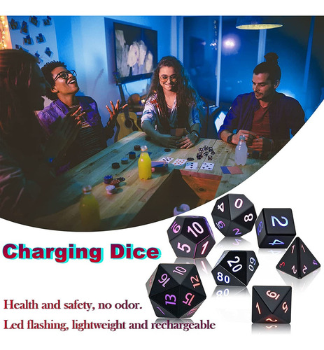 Kit Dados Rpg Led Iluminado Recarregável Com Estojo Recarga