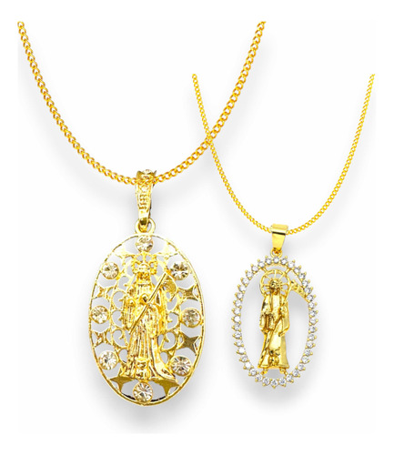 Santa Muerte Collar Diamantado Pack 2pz Oro Laminado