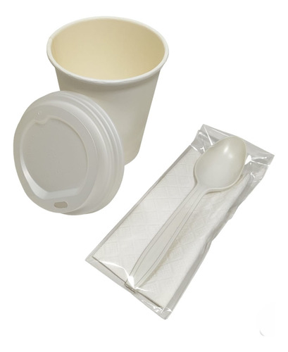 Kit Café 50 Vasos De 8oz Con Tapa, Cuchara Y Servilleta Blanco