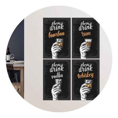 Placas Decorativas Bebidas Born Drinks 20x30cm Kit 4un