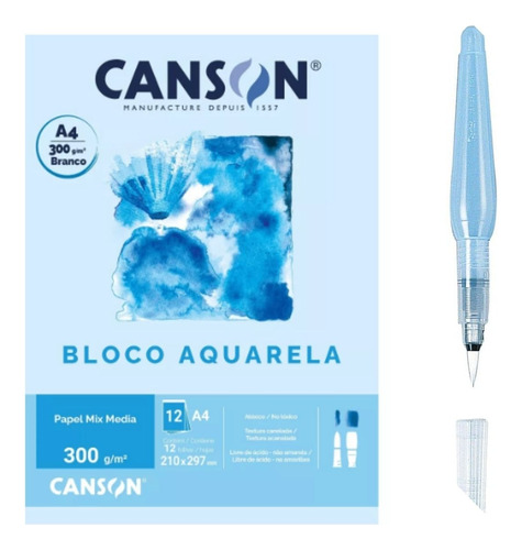 Kit Bloco Aquarela Univ A4 300g Canson + Pincel Aquash Brush
