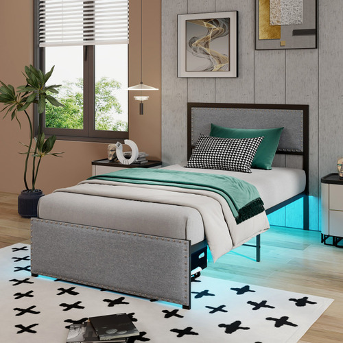 Base De Cama Con Cajon Y Luez Led Gris Listones Gpl