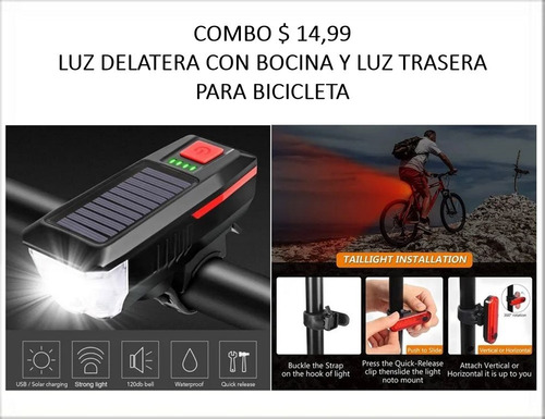 Imagen 2 de 7 de Luz Led Solar Y Recargable Con Bocina Para Bicicleta Scooter