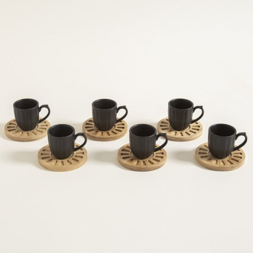 Set X6 Tazas Porcelana Negra Plato Bamboo 80ml Mundotoys Color Negro