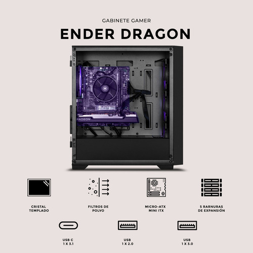 Gabinete Gamer Xtreme Pc Gaming Minecraft Ender Dragon Edition Micro Torre Micro Atx 4 Fan Argb Usb-c Cristal Templado Frente Intercambiable