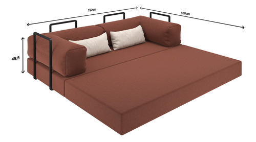 Colchão Casal Vira Sofa Cama 2 Lugares Com Estrutura Metálica Industrial Estilo Nórdico 192cm No Tecido Bouclê Cor: Terracota Mod: Buble Caixa