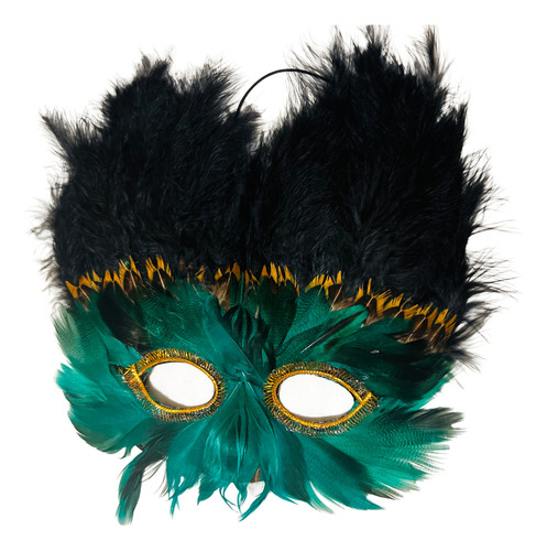 Antifaz Mascara Con Plumas Cotillon Carnaval (x6) Verde Oscuro Pluma Verde Y Negra