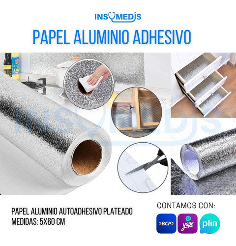 Papel Aluminio Adhesivo Plateado Rollo 5m X60cm