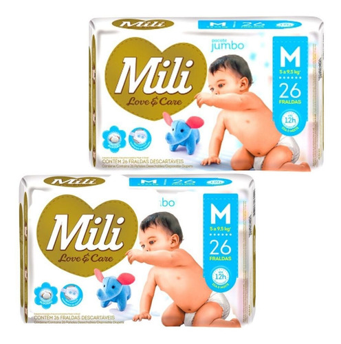 Fraldas Mili Love & Care Linha Premiun Tamanho M 2 Pacotes c/ 26 (Total: 52 fraldas) M