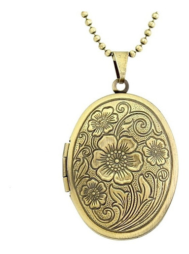 Colar Com Pingente Relicário Médio Oval Flor Ouro Velho