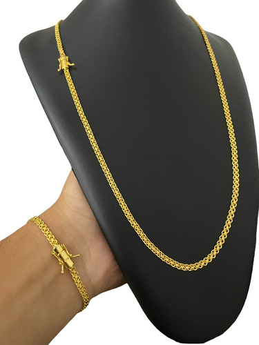Cordão + Pulseira 3mm Cadeado Duplo Banhado A Ouro 18k Luxo