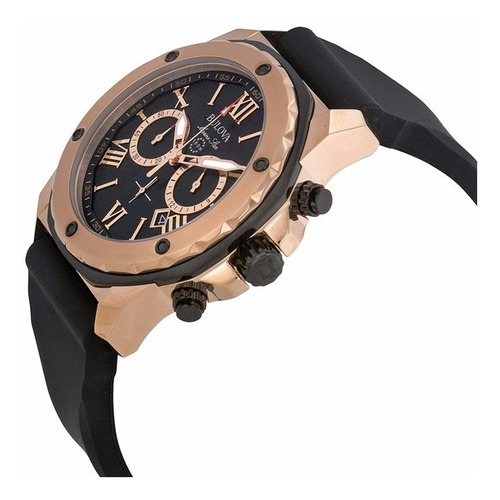 Bulova Marine Star104 Para Hombre Cronógrafo Original 98b104 Correa Negro Bisel Rosa claro Fondo Negro