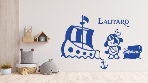 Vinilo Infantil Barco Pirata Decorativo C/nombre 1mt X 60cm