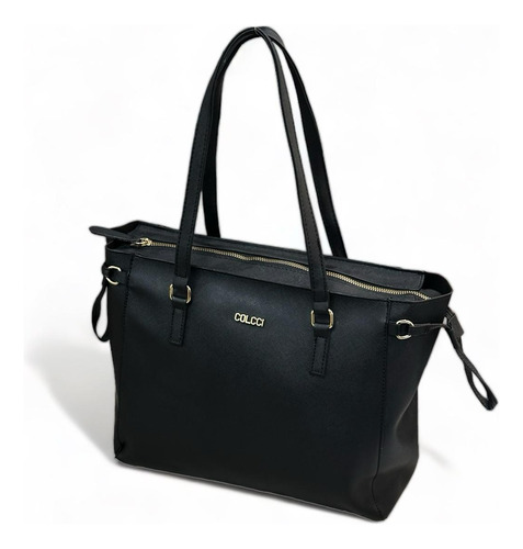 Bolsa Feminina Colcci Com Ziper Shopping Bag Básica Com Logo Acambamento Dos Ferragens Dourado Cor Preto Correia De Ombro Preto Desenho Do Tecido Liso