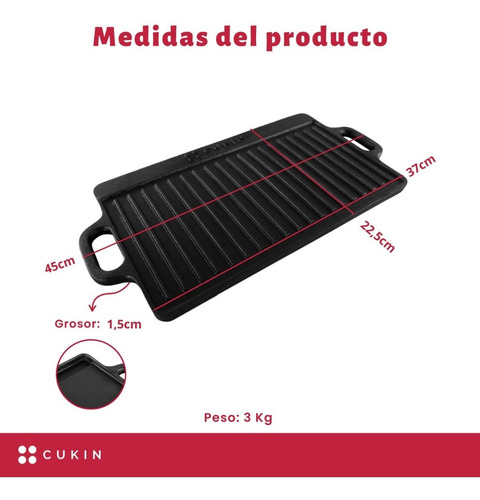 Imagen 3 de 8 de Plancha Churrasquera De Hierro Fundido 2 En 1 - 45x22x1.5cm