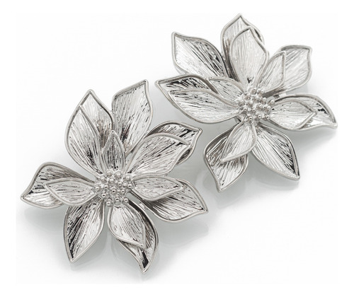 Aros Aretes Diseño Flor Grande Irregular Plateada Pasante