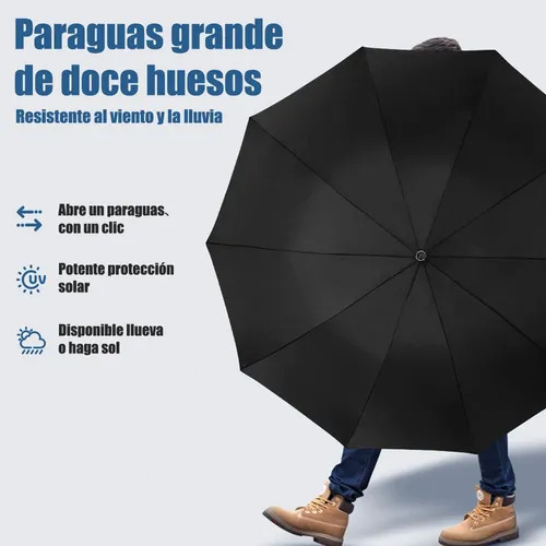 Paraguas Automático Extra Grande 105cm Reforzado 12 Varillas Negro