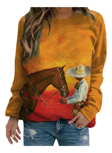 Sudadera De Mujer Con Cuello Redondo Y Estampado De Caballos