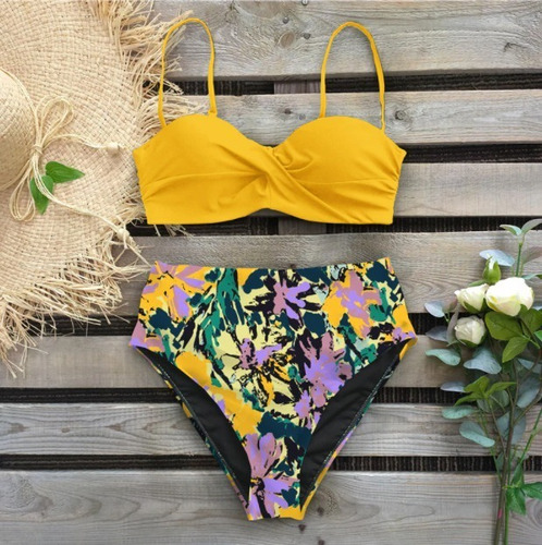 Bikini Set Push Up Liso Y Estampado Dos Piezas