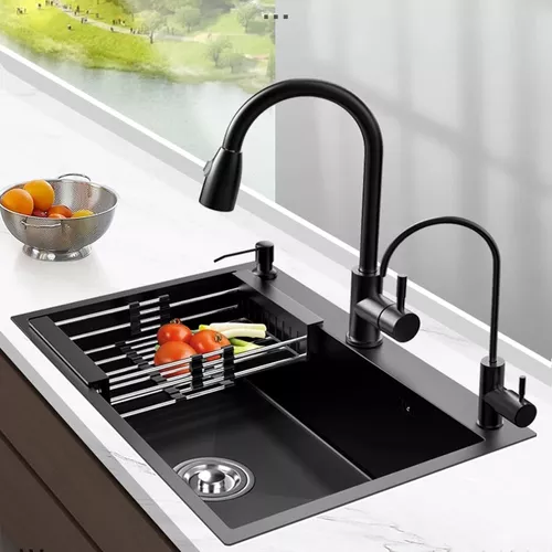  Fregadero de cocina de doble tazón, fregadero negro de acero  inoxidable 304 negro para montaje inferior y empotrado con cesta de drenaje  de grifo y lavabo de barra de tubería de