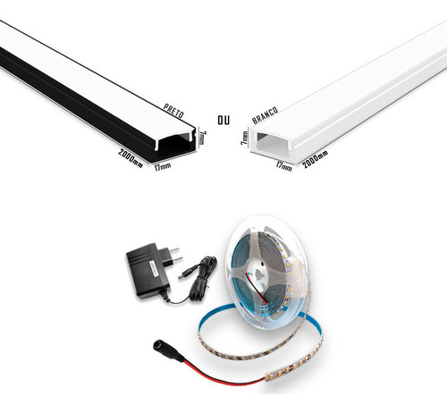 Kit Perfil Alumínio Sobrepor Slim 2m Com Fita Led E Fonte Cor da luz Preto Branco-frio Tensão de operação 12V 110V/220V