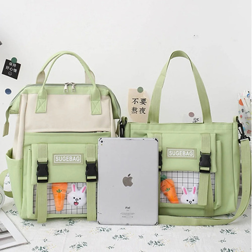 Set 5 Mochila Bolsas Escolar Estudiante Gran Capacidad Lona Rosa