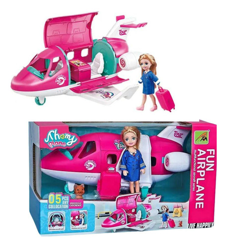Brinquedo Avião Com Acessórios E Mini Boneca Tipo Barbie