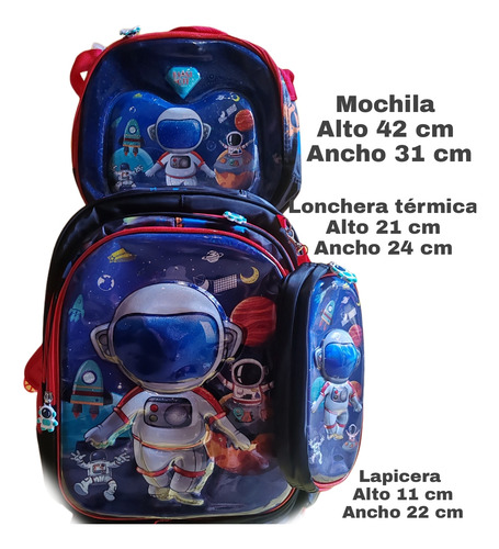 Mochila Escolar Para Niños, Astronauta, Autos Y Dinosaurio En Combo Con Lonchera Térmica Y Lapicera Con Diseño En 3d Con Glitter Y Luz Led
