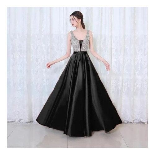 Elegante Vestido De Fiesta De Noche Con Piedra Y Raso