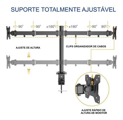 Suporte Dois Monitores Mesa 13 -32 Altura Ajustável Cor Preto