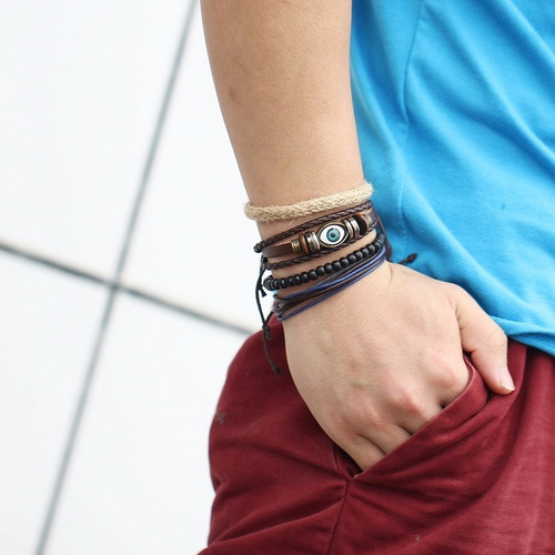 Pulsera Manilla En Cuero Ojo Turco Hombre Tipo Ejecutivo