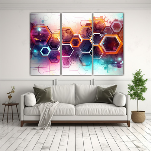 120x80cm Cuadros Hexágonos Tecnológicos Coloridos Flores