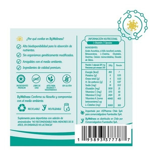 Imagen 2 de 6 de L-glutatión Antioxidante Fortificado - Bywellness 100 Cps