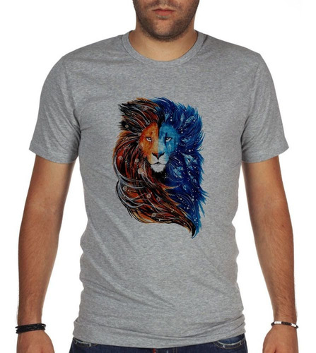 Remera De Hombre Leon Salvaj Color Azul Naranj Cara Melena