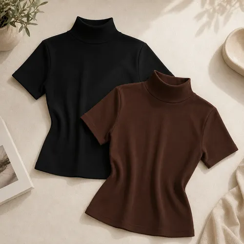 Kit 2 Blusas Feminina Canelada Gola Alta Ribana Básica Preto/marrom Liso Único: 36 A 42