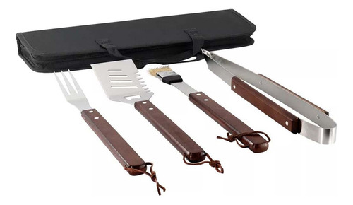 4 Pzas Utensilios Para Parrilla Mango De Madera Con Bolsa