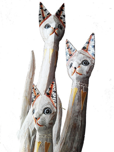 Imagen 2 de 5 de Set Estatuas Gatos Madera De Albesia Pintados A Mano