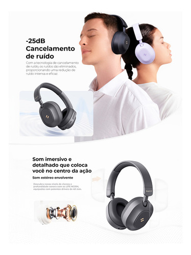 Headphone Gamer Havit H668bt Bluetooth 5.4 Over-ear 3d Multiponto Anc Hibrido 80h Cor Roxa
