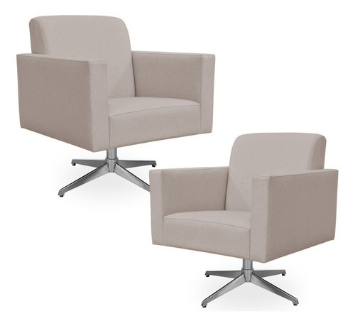 Kit 02 Poltronas Decorativas Base Giratória Para Sala de Estar Helô L02 Linho Bege