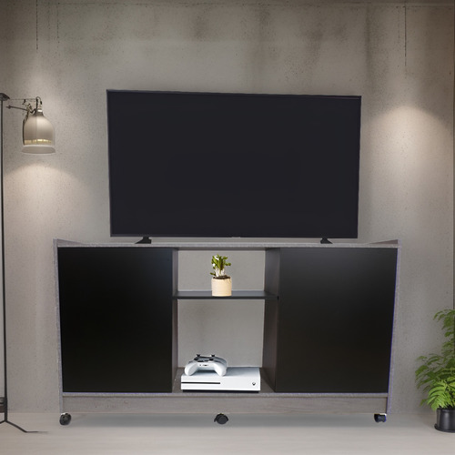 Mueble Credenza Para Tv Con Ruedas Minimalista Color Lombardia / Negro Mate