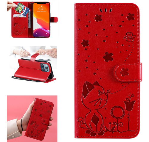 Funda De Cuero Con Estampado De Abeja Gato For iPhone 13 Pr