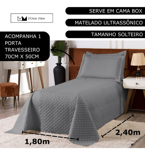Cobre Leito Colcha Clean Solteiro 2 Peças Cinza