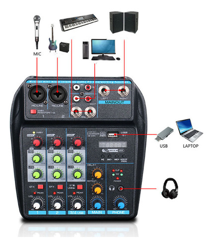 Shaoke Tablero De Sonido 4 Canales Bluetooth Power Usb Mixer