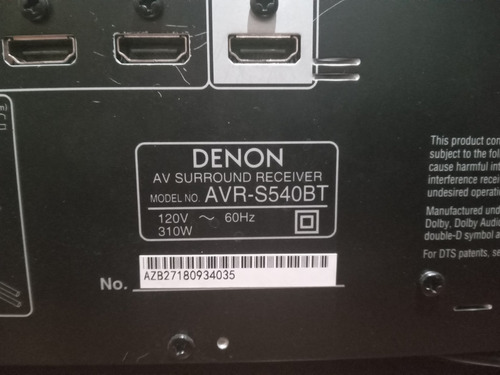 Denon Amplificador Avr-s540 Bt , 5.2 Canales, 4k , Bluetooth (Usado)