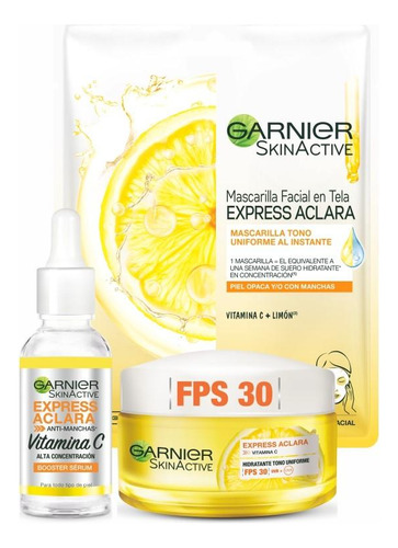 Pack Garnier Facial: Mascarilla+serum Aclara+crema Aclara