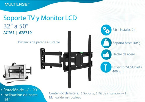 Imagen 3 de 4 de Soporte Para Tv Móvil 50'' Multilaser Ac261
