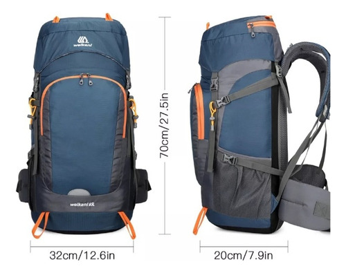 Mochila De Camping Weikani 65lt + Funda Para Lluvia Azul-naranja Liso (Usado)